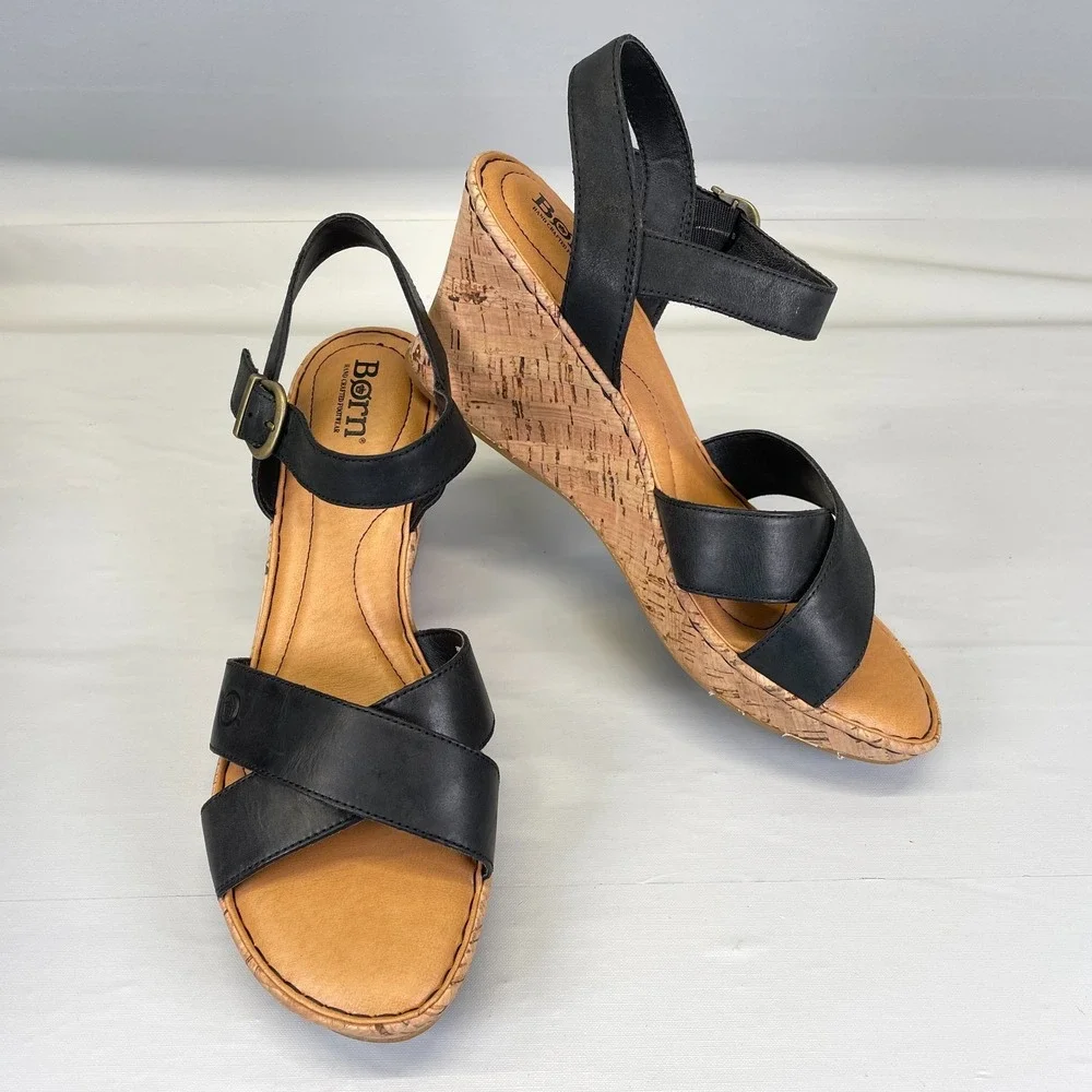 Born Alaina Platform Wedge Sandals Womens Size 10 Black Leather Ankle Strap Shoe